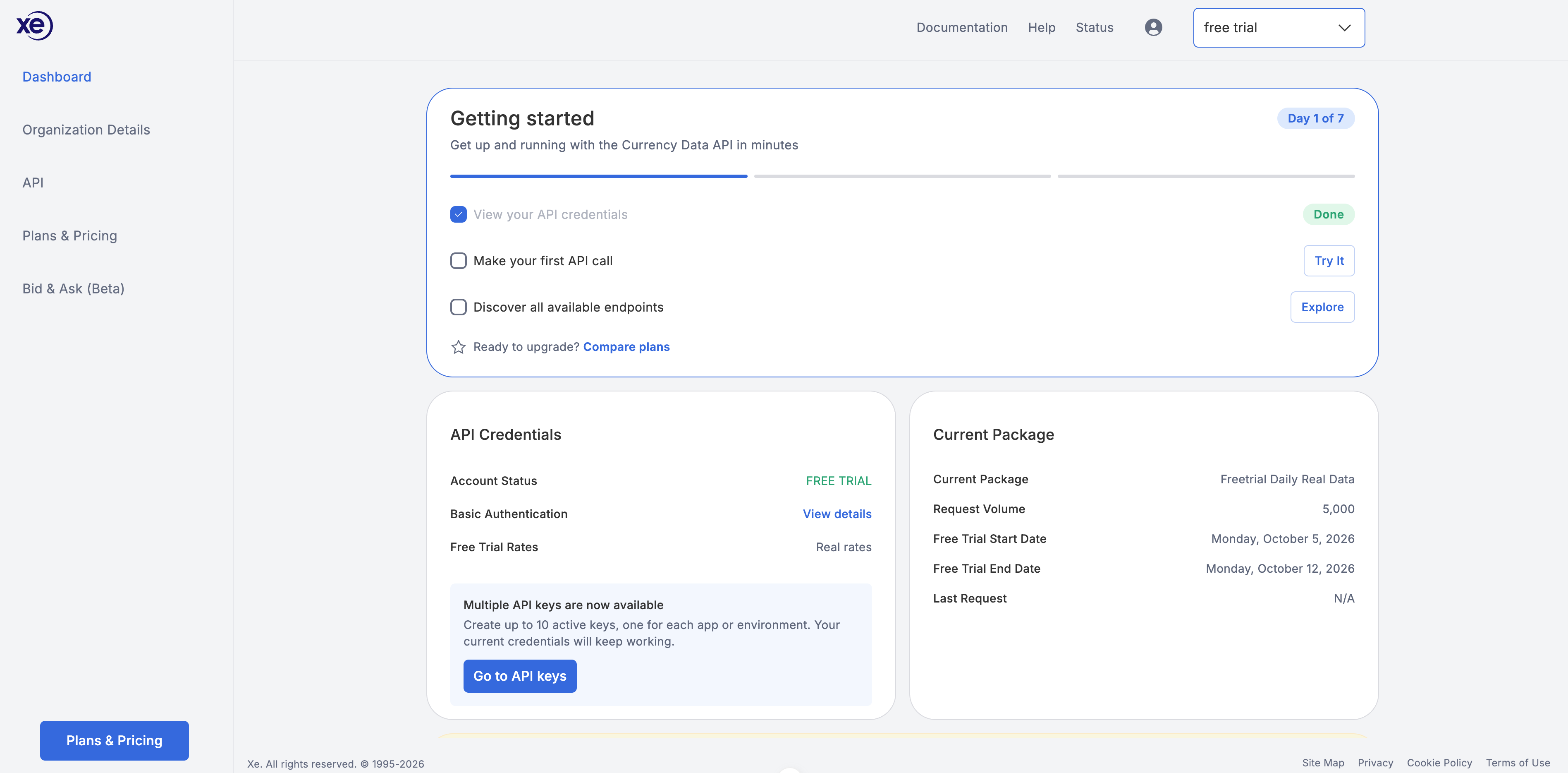 The Xe Currency Data dashboard