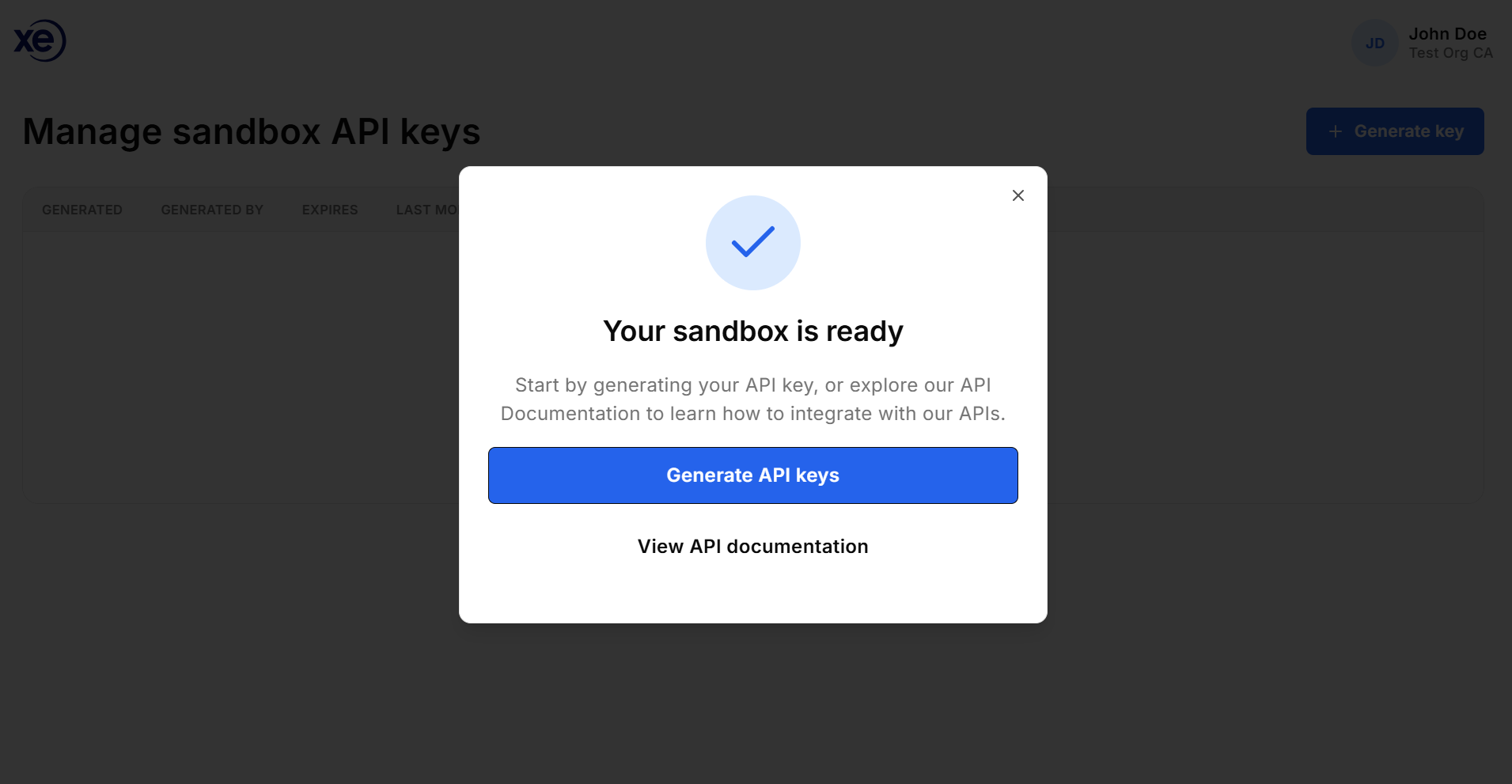 Manage API Keys step 1